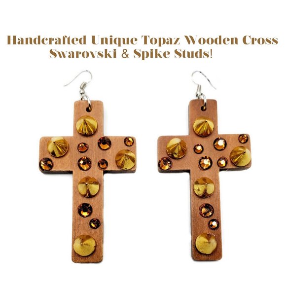 Topaz Handcrafted Wooden Cross Earrings with Swarovski & Spike Studs! - Picture 4 of 5